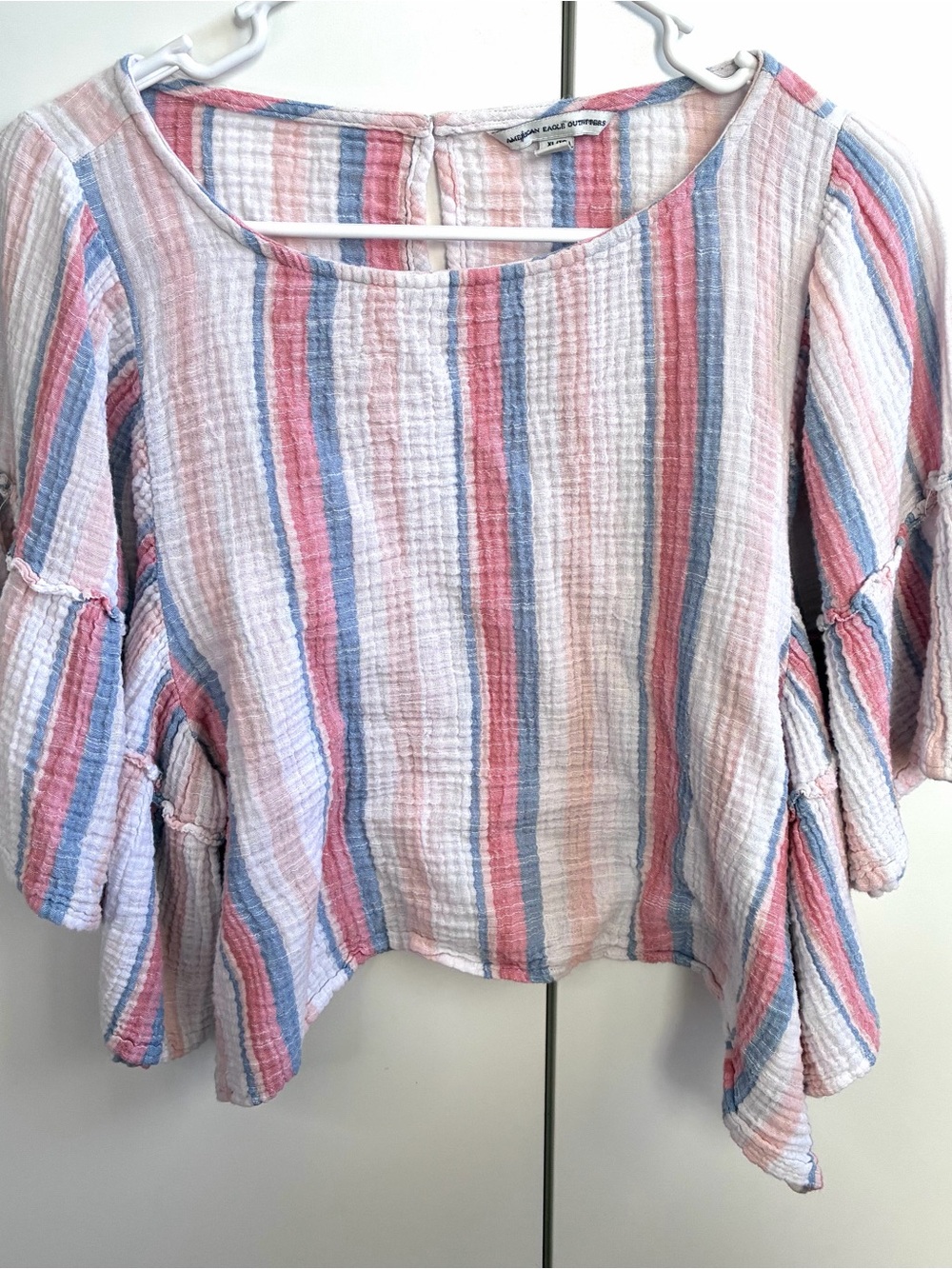 American Eagle Outfitters Pink and Blue Striped Ruffle Sleeve Top